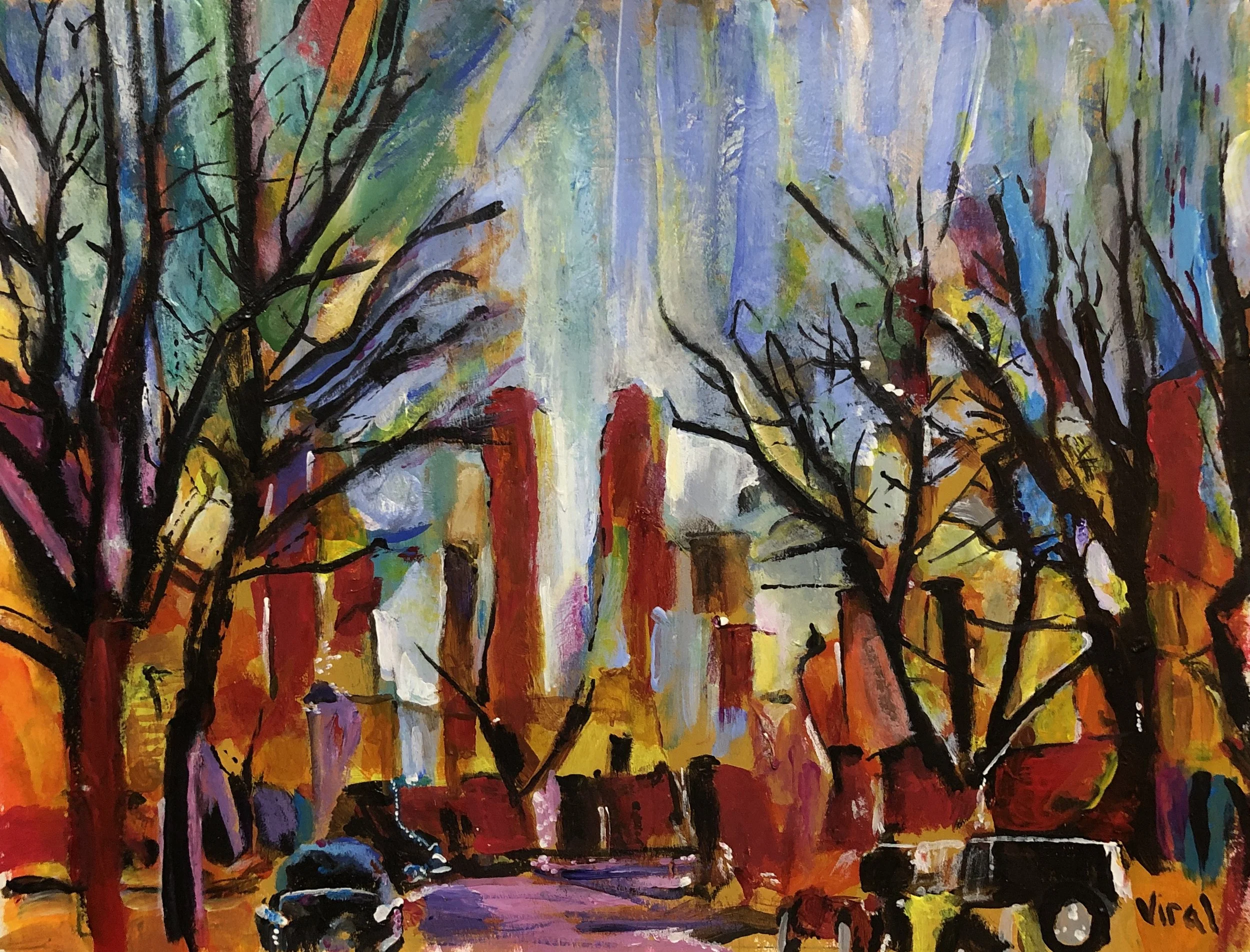 Cityscape through trees painted by Viral Vakil
