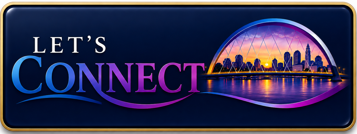 A digital graphic with the text "Let's Connect" next to a city skyline at sunset seen through a bridge with an arch and a grid pattern.