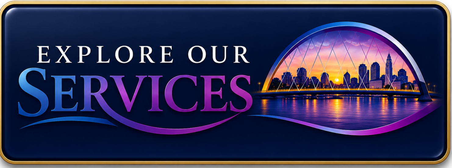 Sign with text 'Explore Our Services' and an illustration of a city skyline and a bridge at sunset.