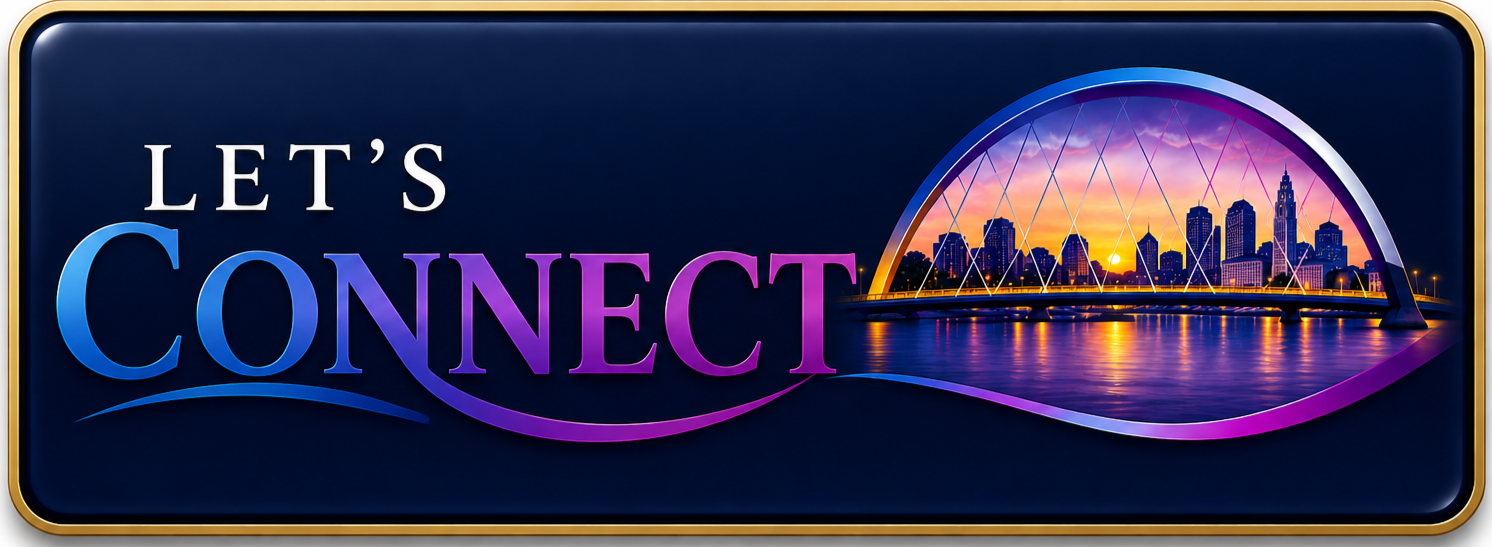 A digital graphic features the phrase "Let's Connect" with a city skyline and a bridge at sunset in the background.