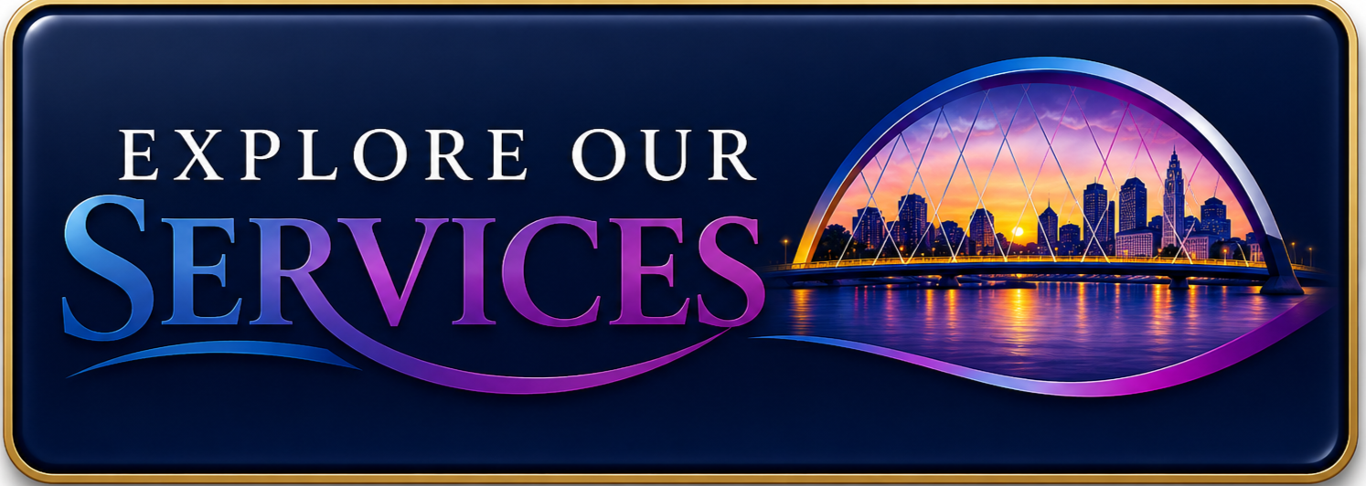 A digital sign featuring a city skyline at sunset and the words 'Explore Our Services' in large, colorful letters.