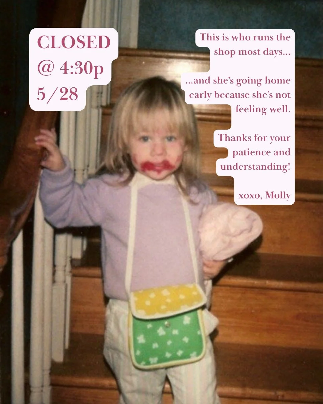 I (Molly) am not feeling well today Thursday 5/28 and need to go home to rest before things ramp up for the weekend. See you tomorrow (Friday) 1p-6p! Thank you so much for your patience and understanding, folks!
