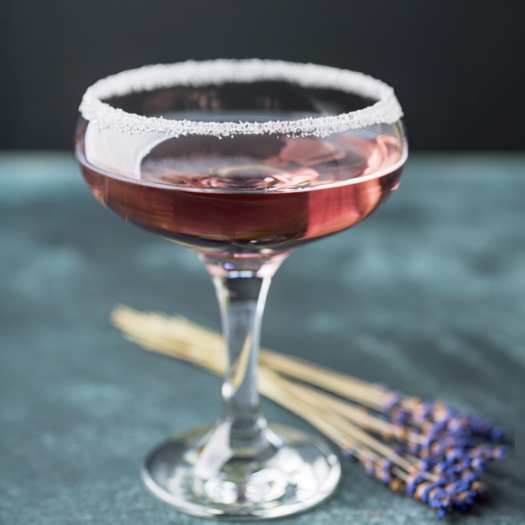 The Provenance, a lavender bourbon sidecar in a sugar-rimmed coupe