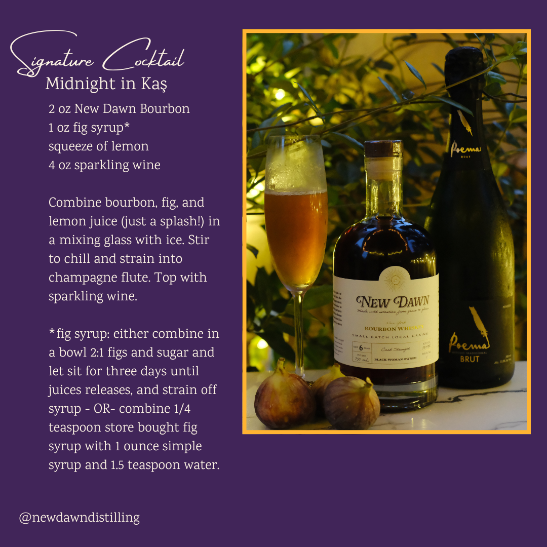 bottle of New Dawn buoubon, sparkling wine and three figs sitting on a white and black marble table