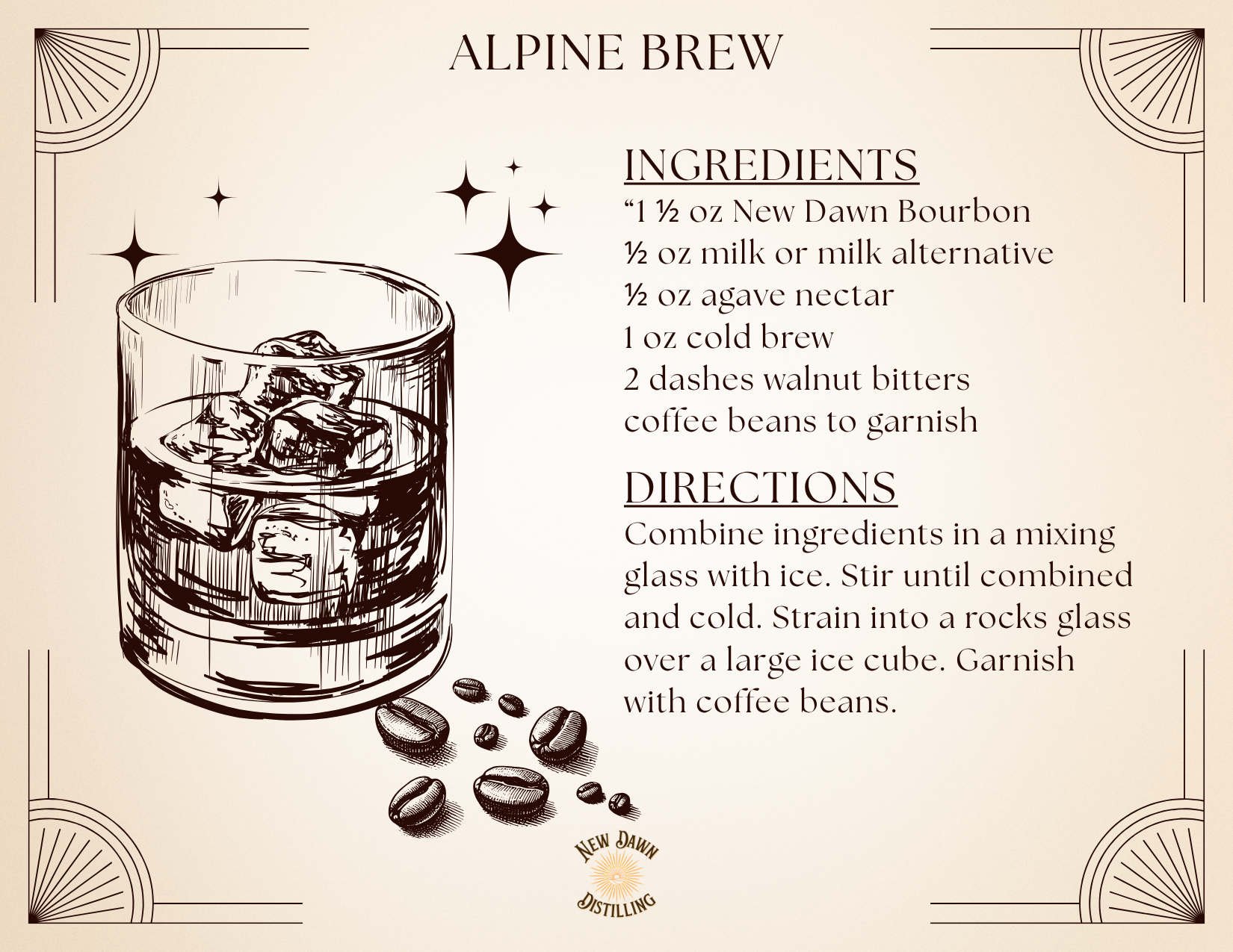 Alpine Brew iced coffee and bourbon cocktail printable recipe card