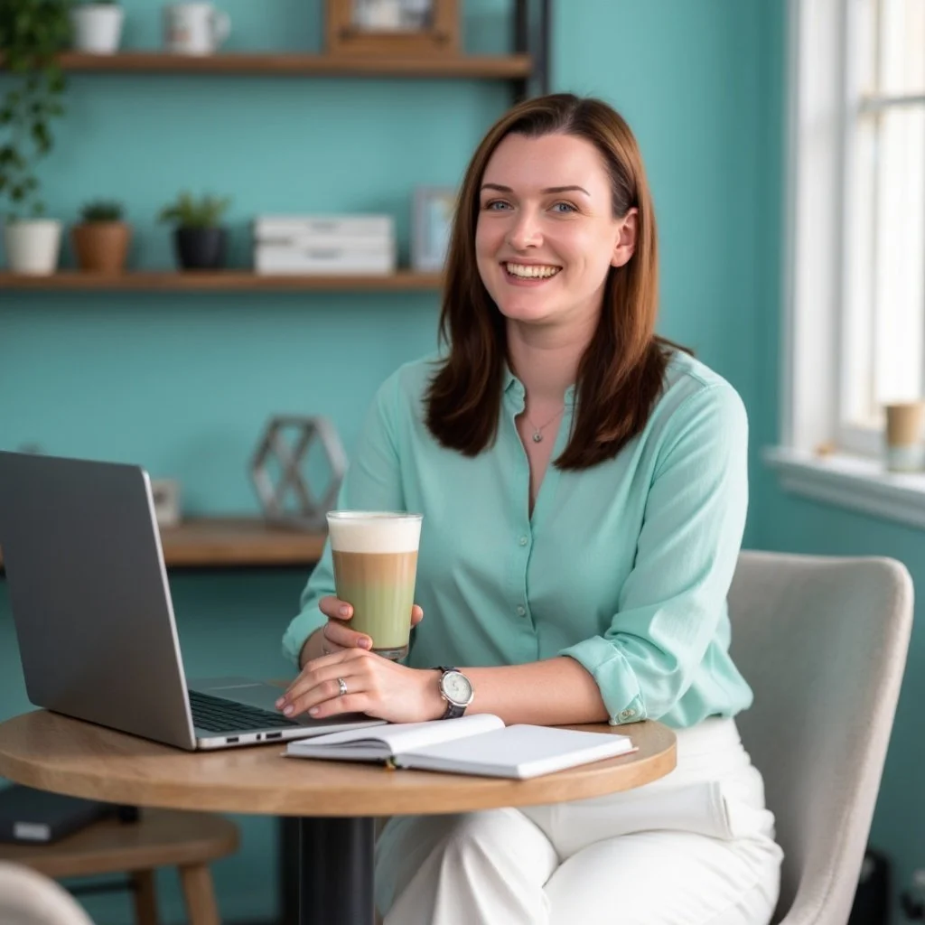 A woman with long brown hair and a light blue shirt smiling while sitting at a table with a laptop, holding a glass of layered coffee drink, in a bright room with a teal wall and window.