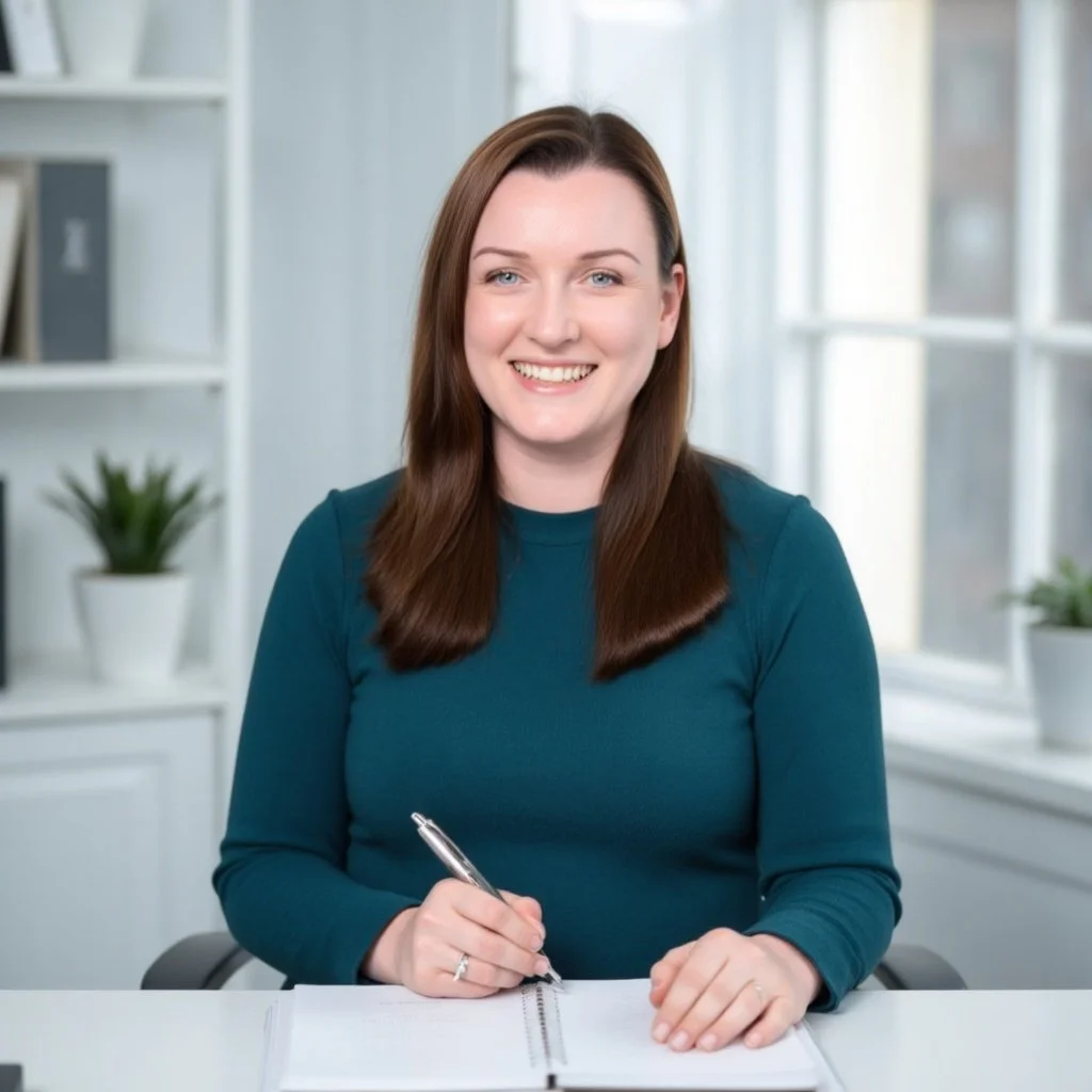 A woman with shoulder-length brown hair, wearing a teal long-sleeve shirt, smiling while sitting at a desk with an open notebook and holding a pen. There are white shelves and large windows in the background.