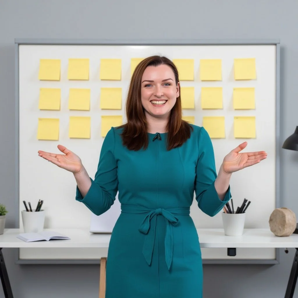 A woman with brown hair smiling and gesturing with her hands in front of a whiteboard with yellow sticky notes in a professional office setting.