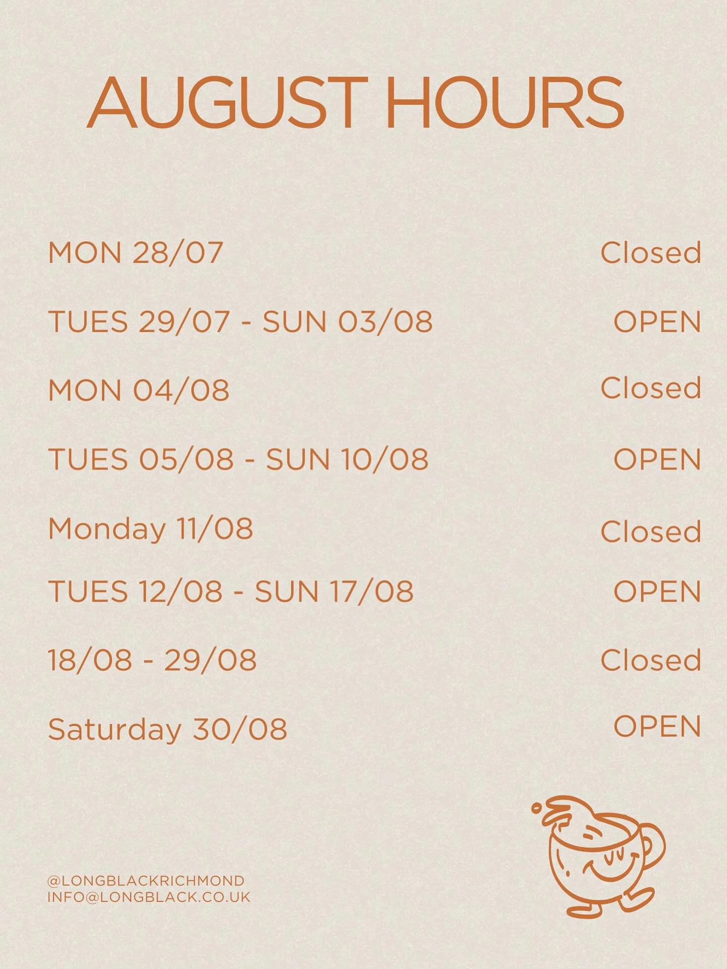 SUMMER / AUGUST OPENING HOURS 🌞🌞🌞