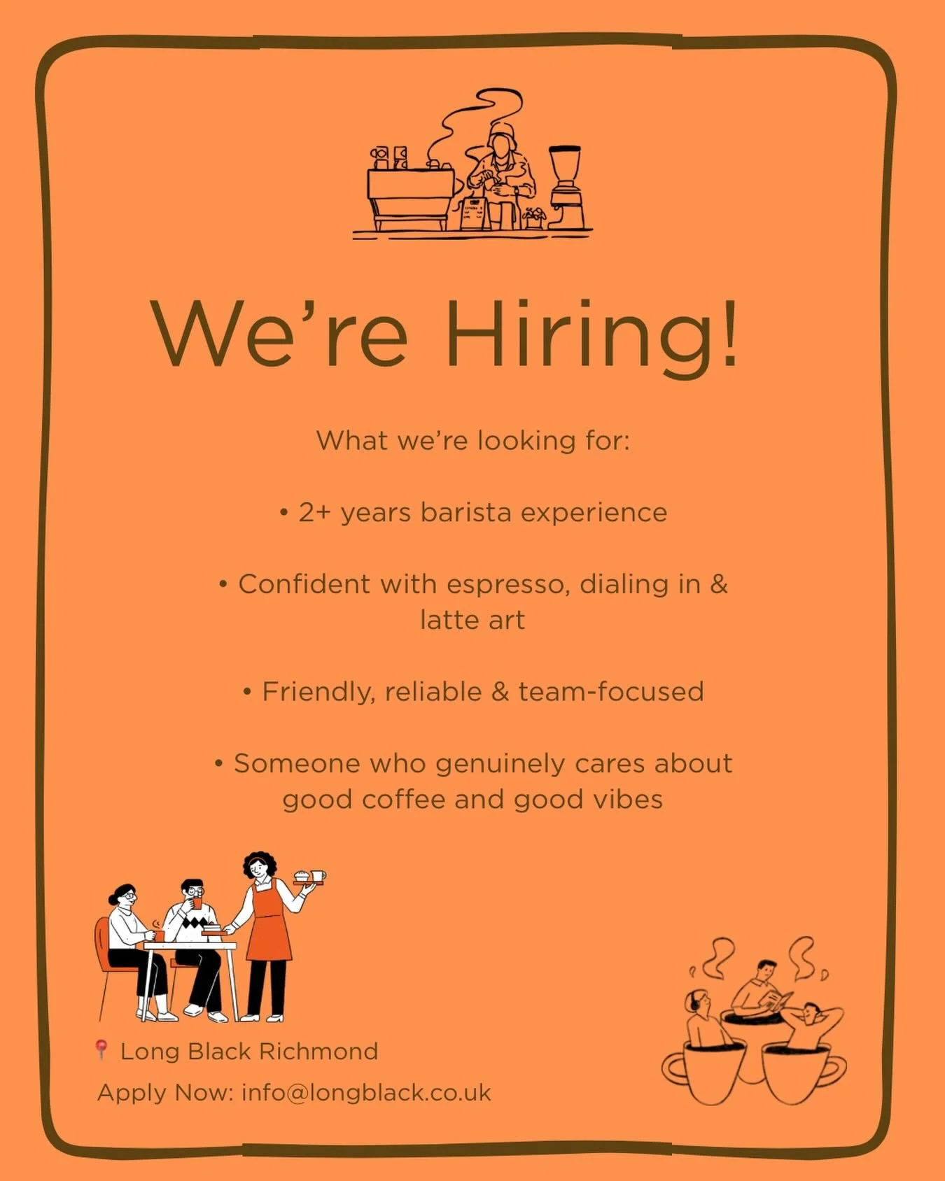 ✨ WE&rsquo;RE HIRING! ✨

If you don&rsquo;t know us already, we&rsquo;re a small, family-owned independent caf&eacute; in the heart of Richmond, and we&rsquo;re looking for a talented barista with at least 2 years&rsquo; experience to join our team! 