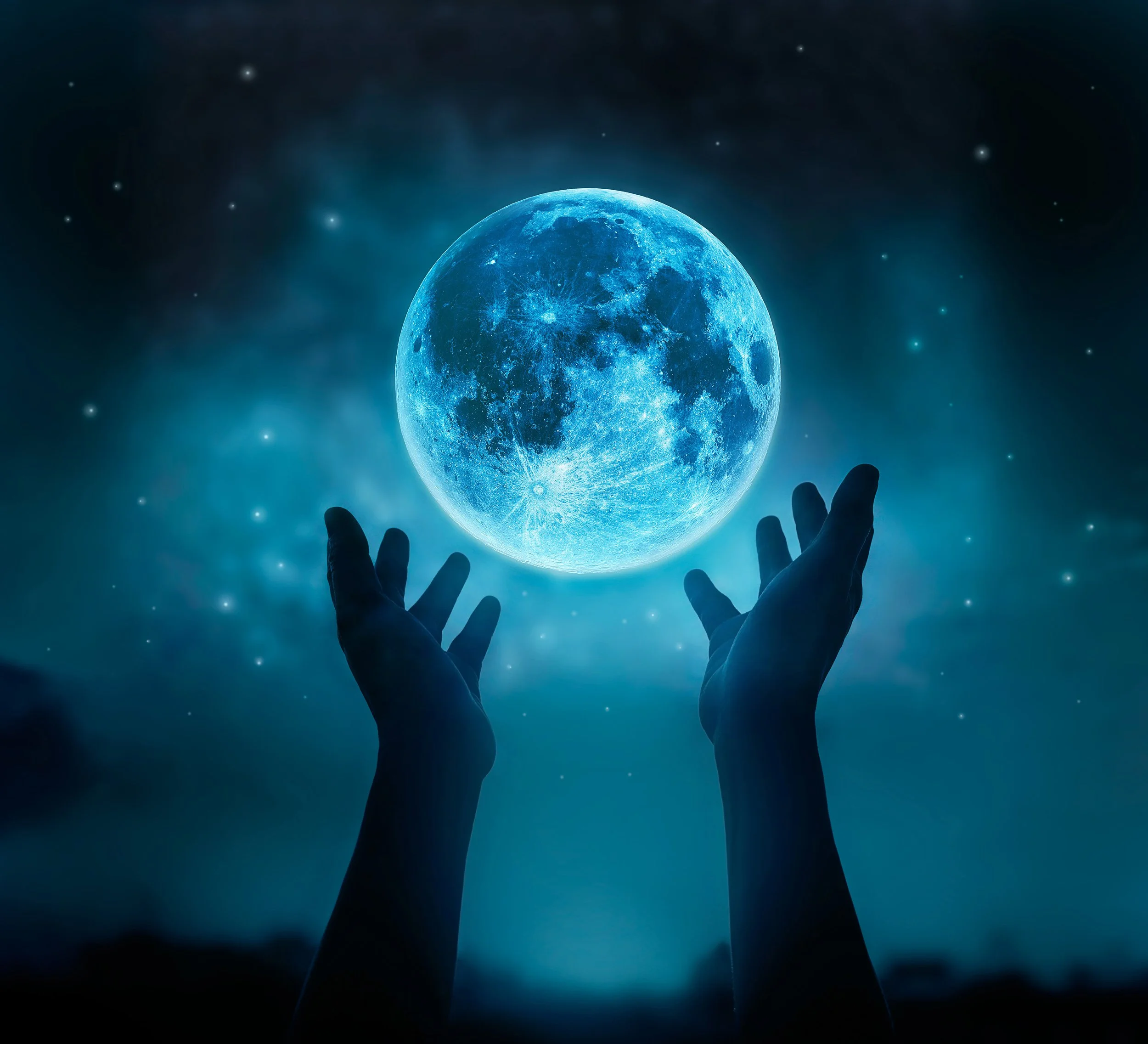 arms reaching up toward the full moon centered between the outreached hands.