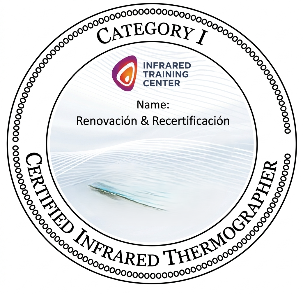 Certification badge for Infrared Training Center, Category I, titled 'Certified Infrared Thermographer' with a logo and space for name and course info, featuring a blue and white background with wavy lines.