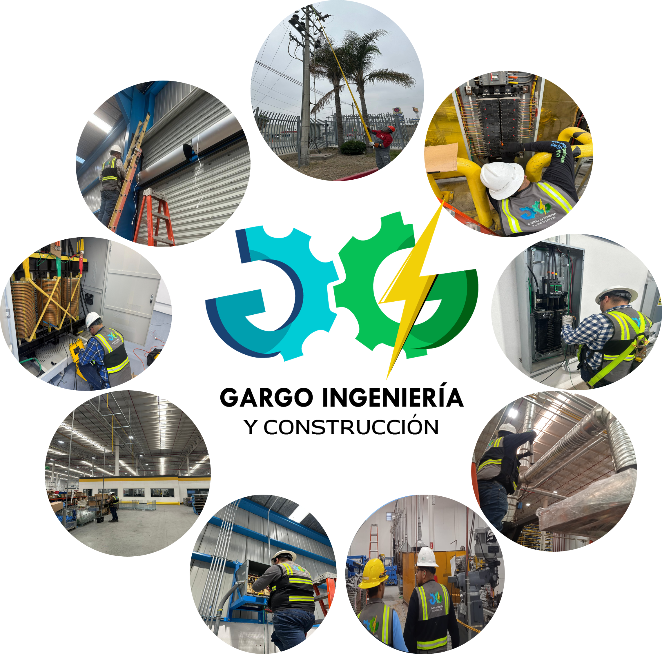 Workers in safety vests and helmets installing and maintaining electrical equipment and infrastructure in a large industrial environment.