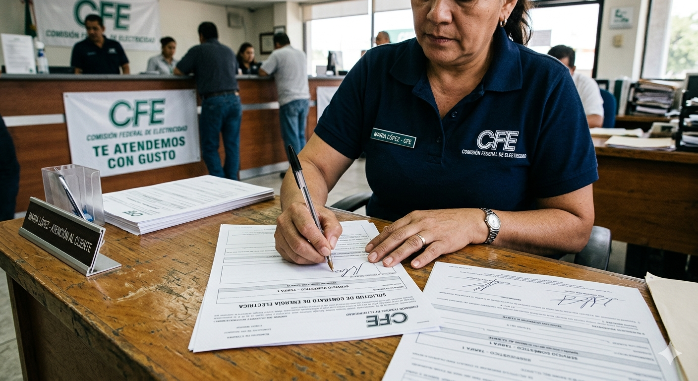 A woman fills out an official form at a desk inside a government office, with colleagues and a counter in the background. She wears a navy blue polo shirt with a name badge and the logo of the Federal Electricity Commission (CFE).