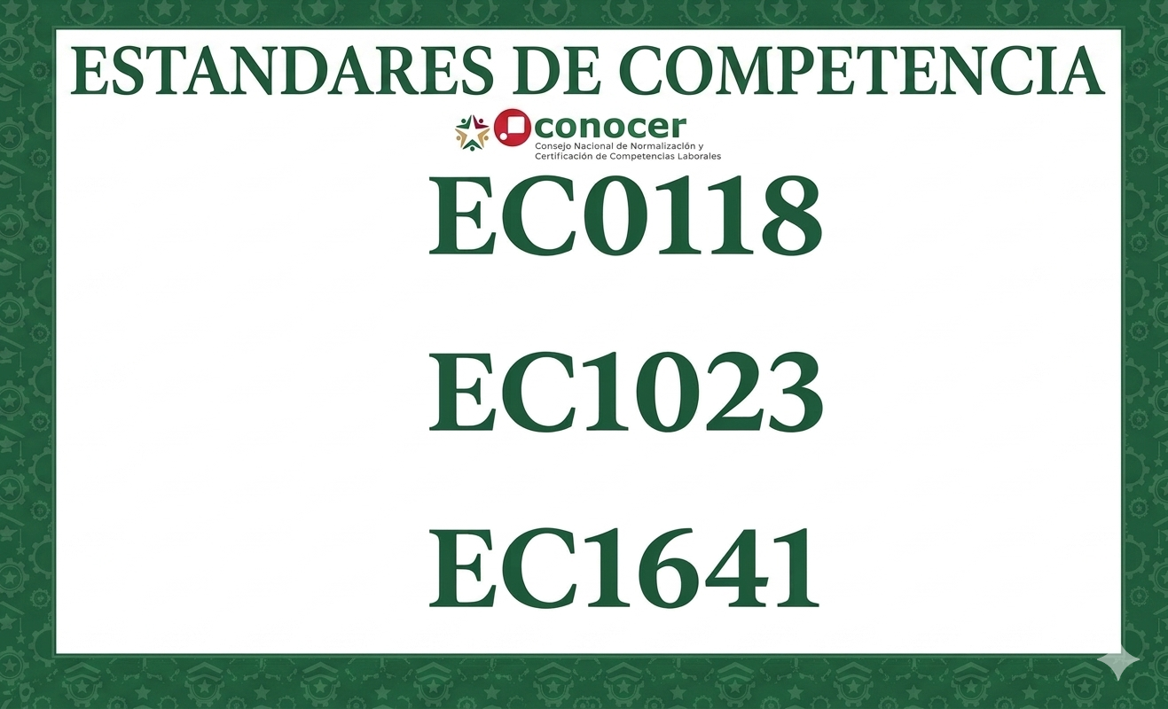 A certificate or informational poster with a green decorative border and title in Spanish reading "ESTANDARES DE COMPETENCIA". It displays three codes: ECO118, EC1023, and EC1641, and includes small logos and text related to the Consejo Nacional de Normalización y Certificación de Competencias Laborales.