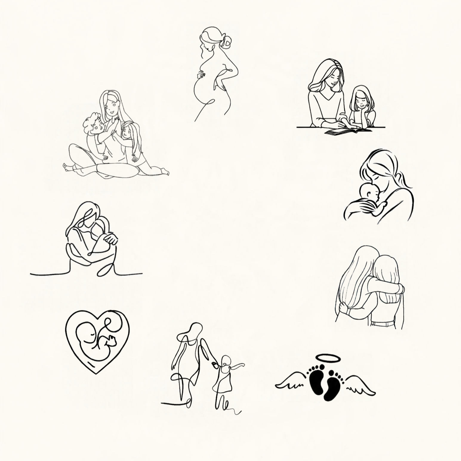 Collection of black line drawings depicting pregnancy, motherhood, and children. Includes a pregnant woman, a woman reading with a child, a mother holding her baby, a couple hugging, and other maternal scenes.