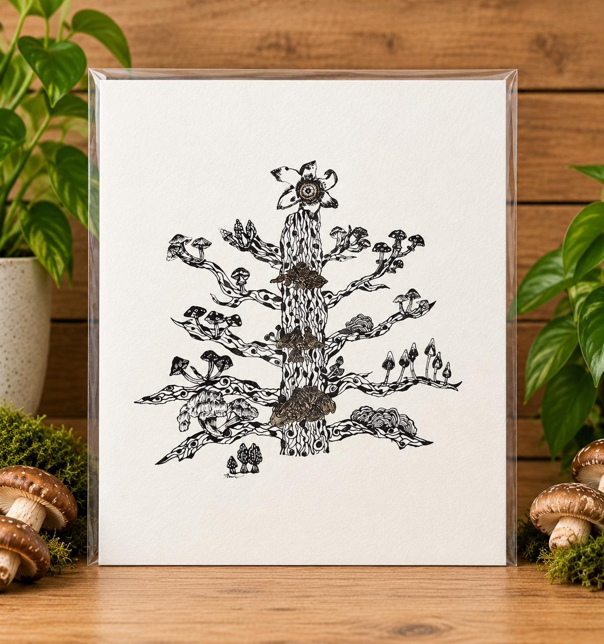 Mushroom Tree Ink Art Print Display.png