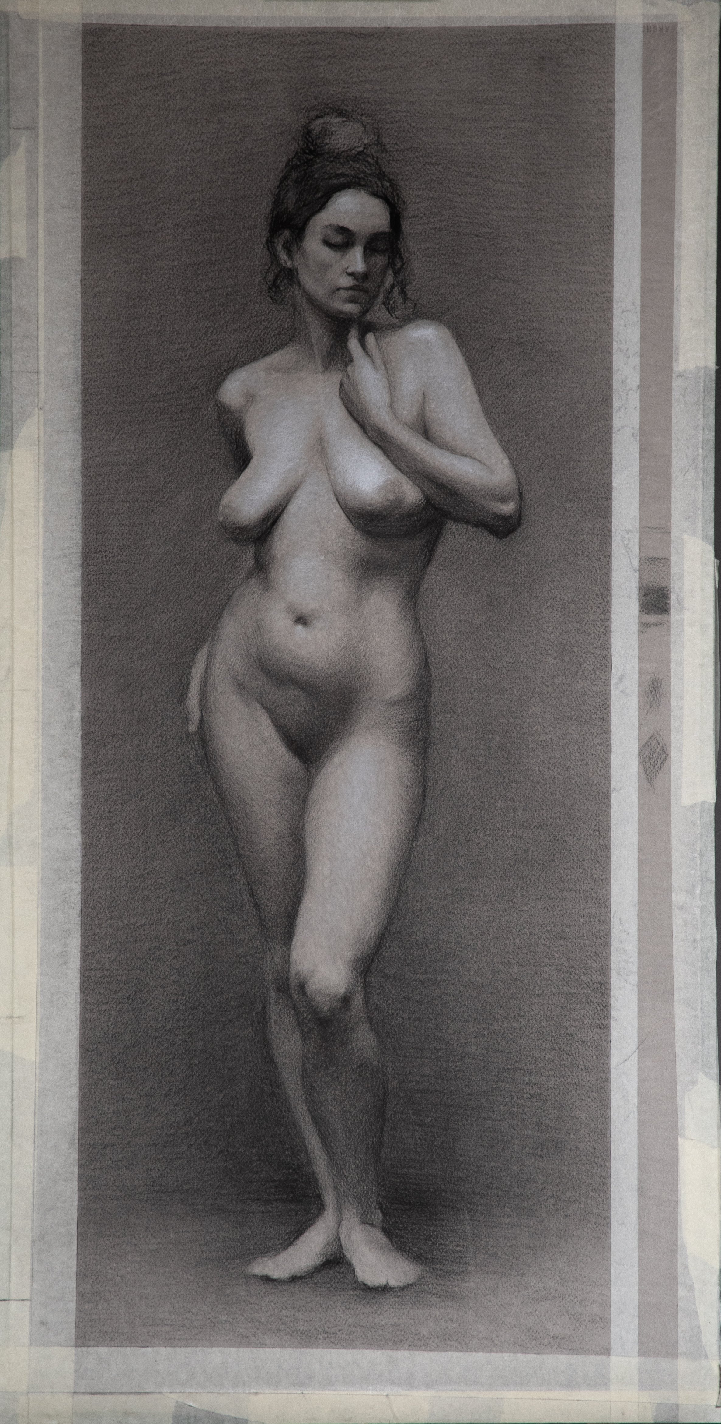 Mel - Life drawing, charcoal and white chalk on toned Arches paper