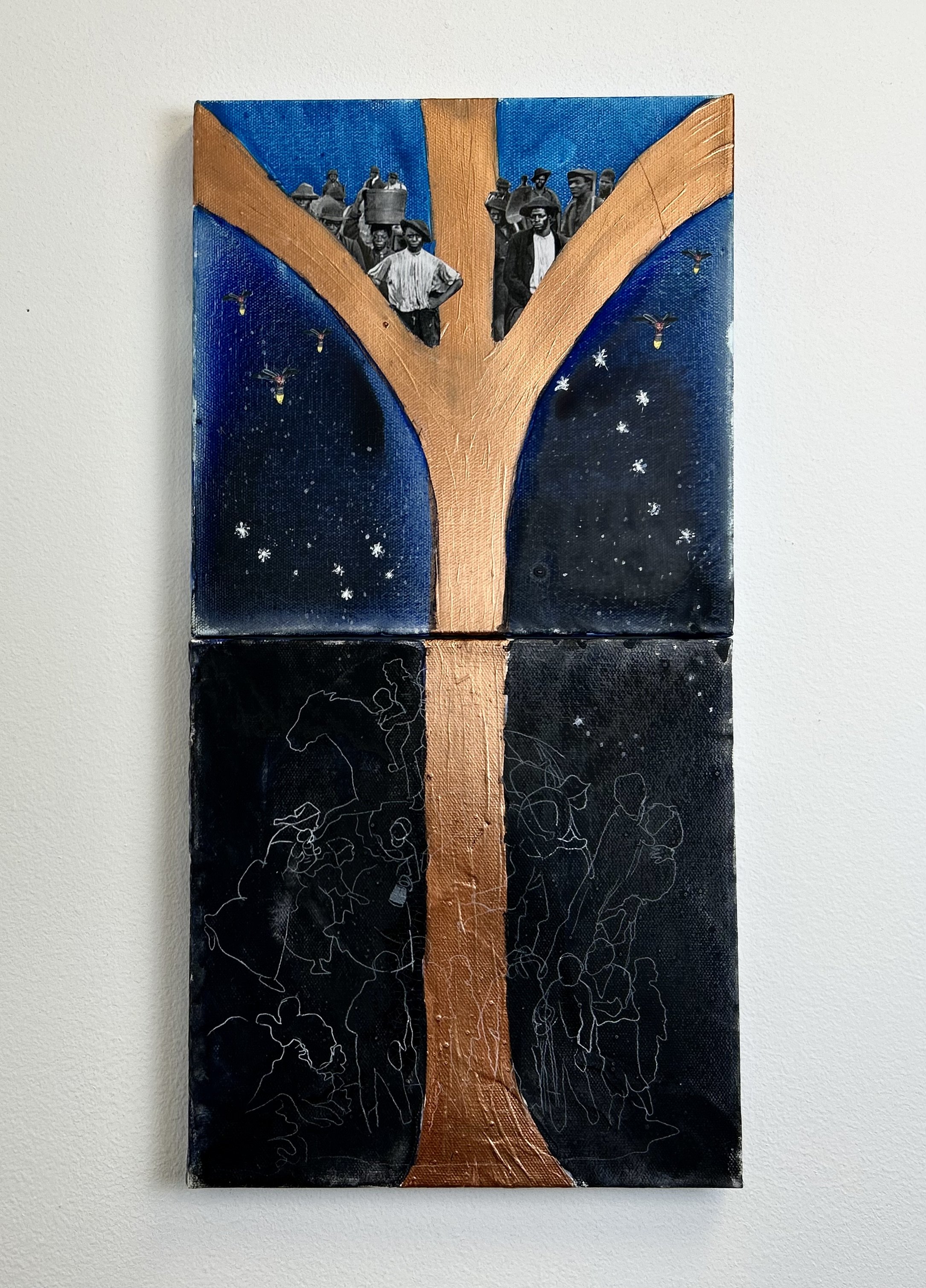 Follow the Drinking Gourd (Diptych), 2024, Mixed Media on Canvas, 20"x10"x.5" (each panel 10"x10"x.5")