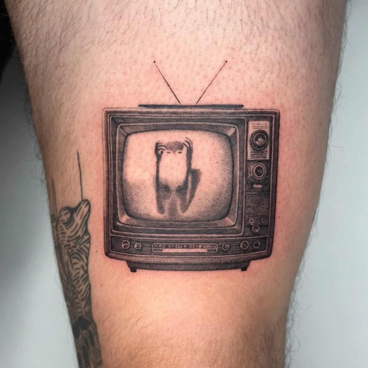 Spooky tv from my flash for return client Scout ! Swipe to see the tattie one month settled 📺🖤