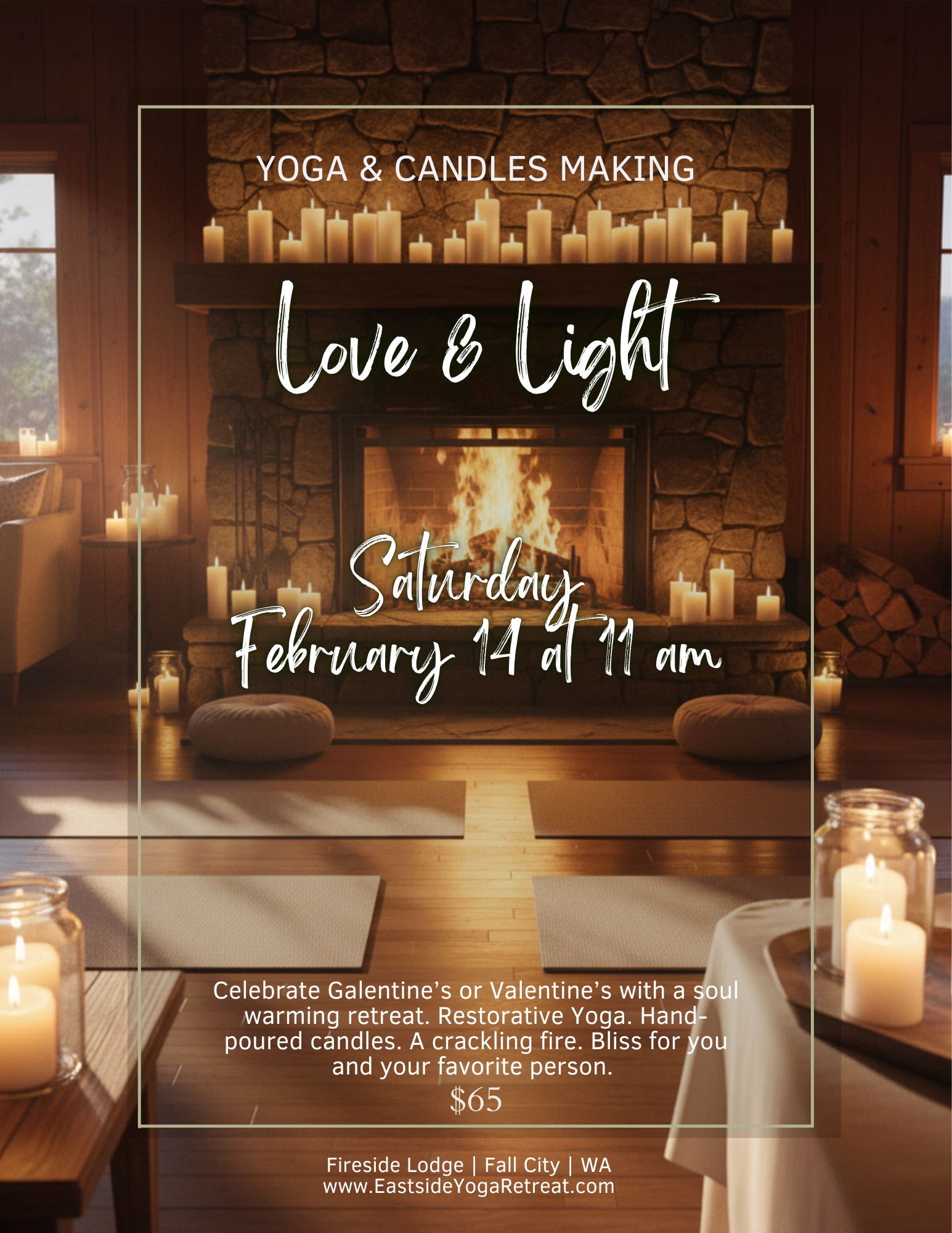 Cozy fireside yoga studio at Fireside Lodge in Fall City Washington with yoga mats and candles for a Galentine Valentine's Day retreat.