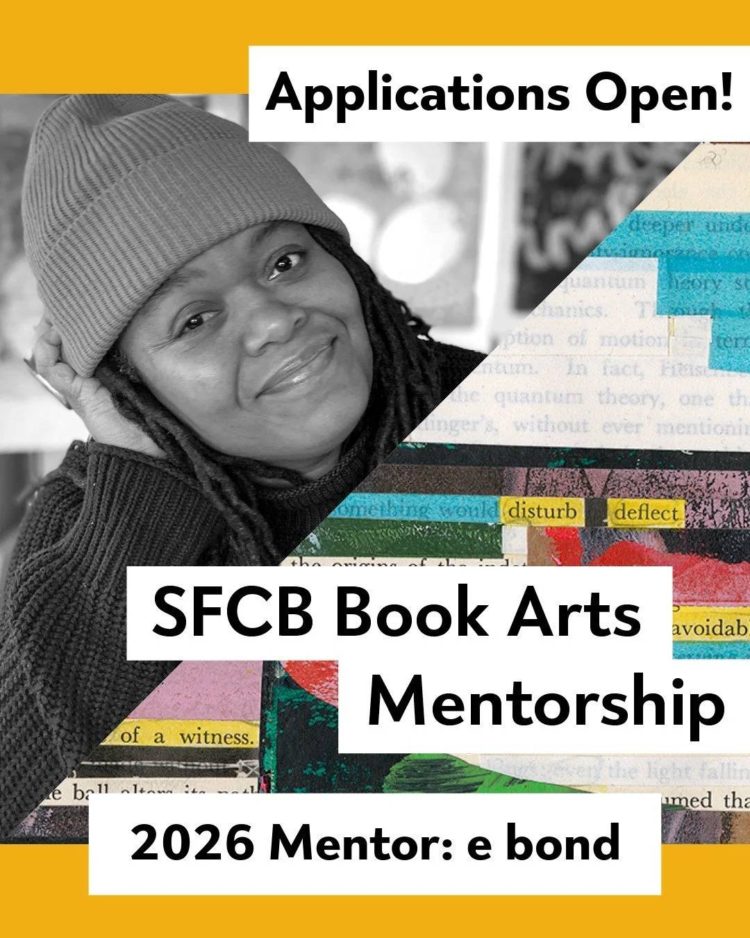 We're so excited to introduce one of our 2026 Book Arts Mentors: e bond @eisroughdraft ! 

To learn about each mentor, please visit our website: https://www.sfcb.org/imprint-and-artist-programs/national-book-arts-mentorship 

Mentorships will take pl