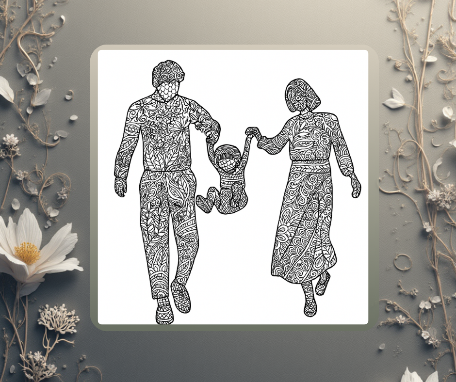 Line art illustration of a family, with a father, mother, and young child, holding hands and smiling. The intricate patterns represent the many thoughtful decisions and legal agreements that support your child’s life.