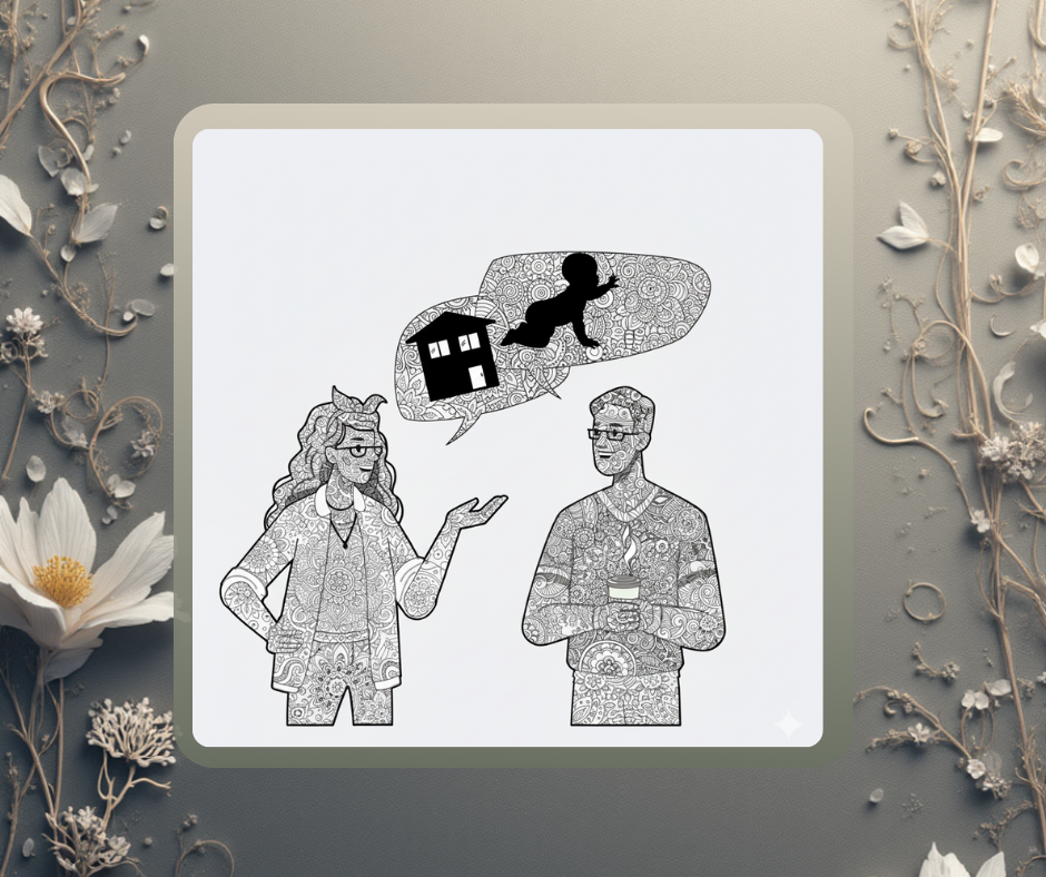 Line drawing of a woman and a man talking, with a speech bubble showing a child playing with a toy house and a ball. The intricate patterns represent the many thoughtful decisions and legal agreements that support your child’s life.