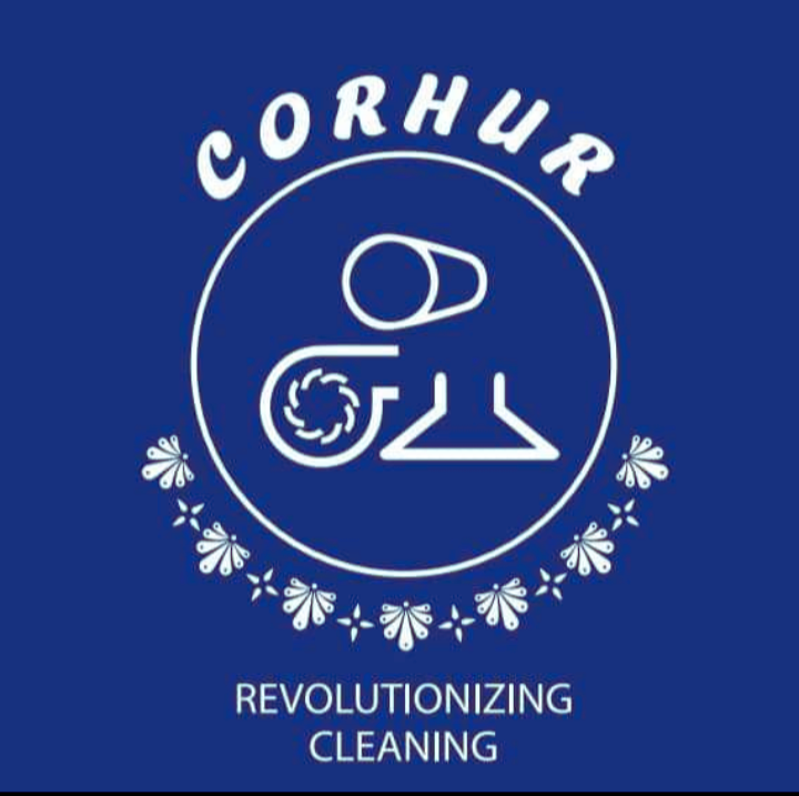 Logo for Corhur featuring cleaning icons and the slogan "Revolutionizing Cleaning" on a blue background.