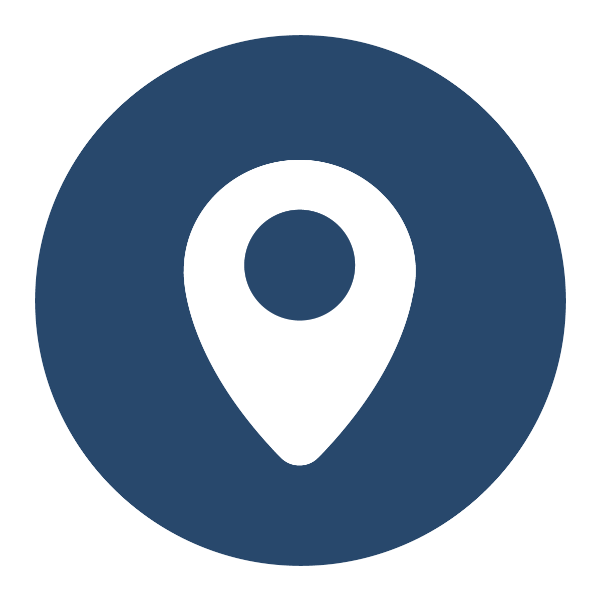 Map pin icon on a dark blue circle background, symbolizing location or navigation.