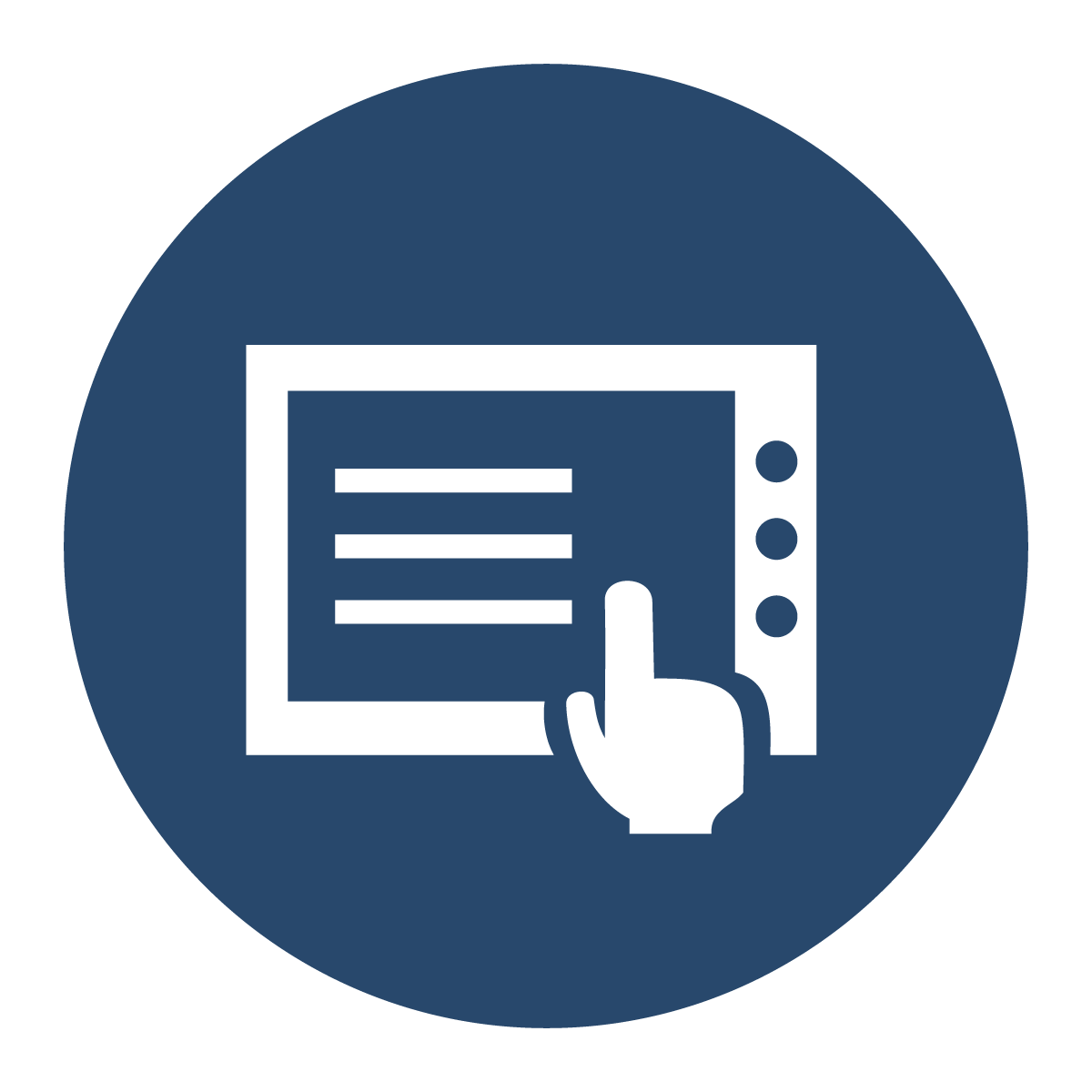 Icon of a hand interacting with a touchscreen device, such as a tablet or kiosk, with lines representing text on the screen.