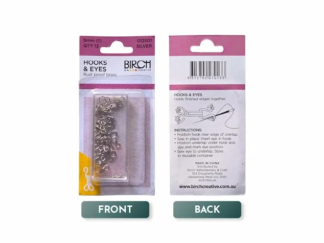 Birch hooks and eyes in sizes 7mm, 9mm, 10mm silver