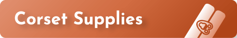 Banner for corset supplies with an orange gradient background and a graphic of a corset in the bottom right corner.