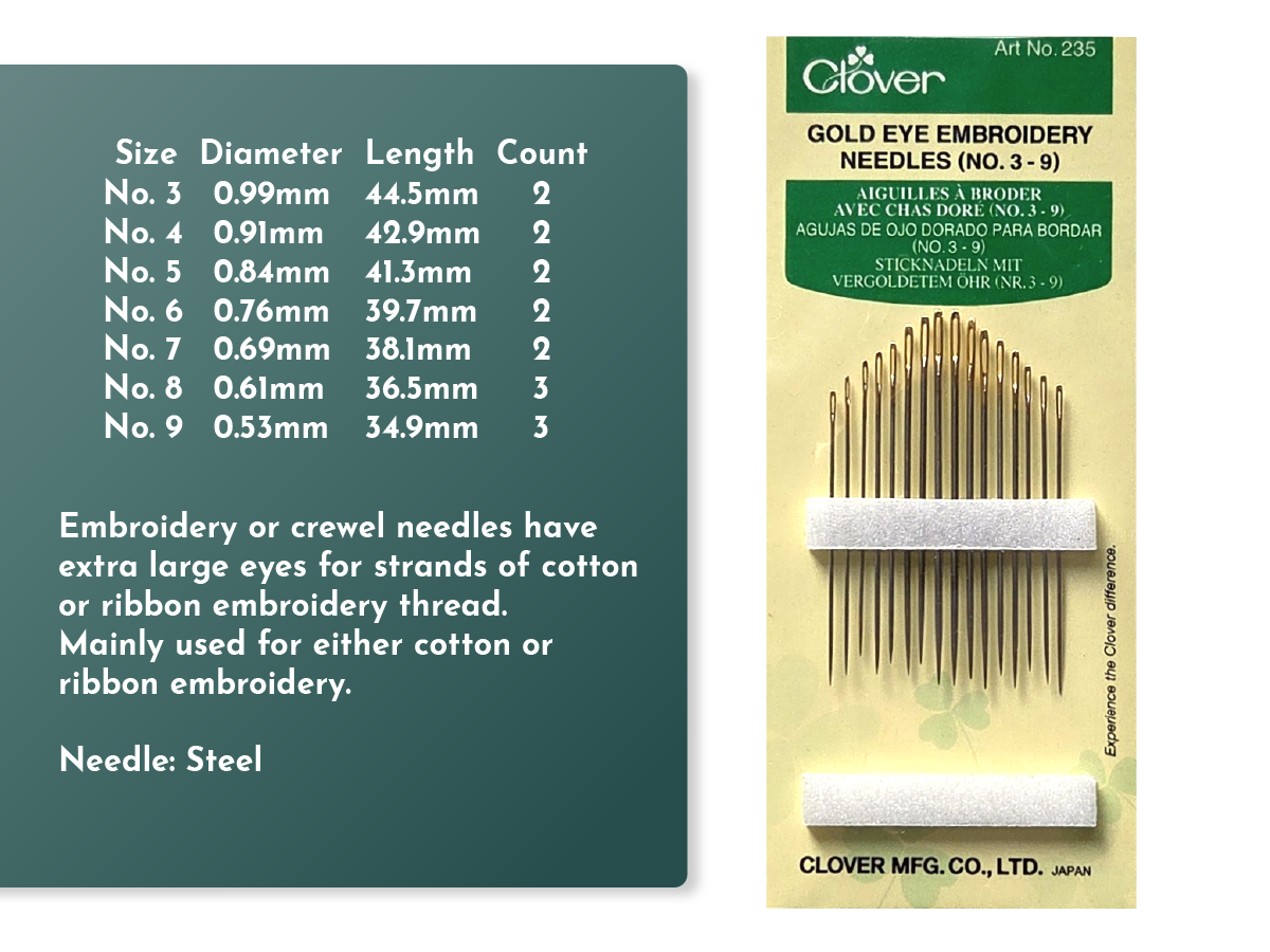 Embroidery or crewel needles have extra large eyes for strands of cotton or ribbon embroidery thread.