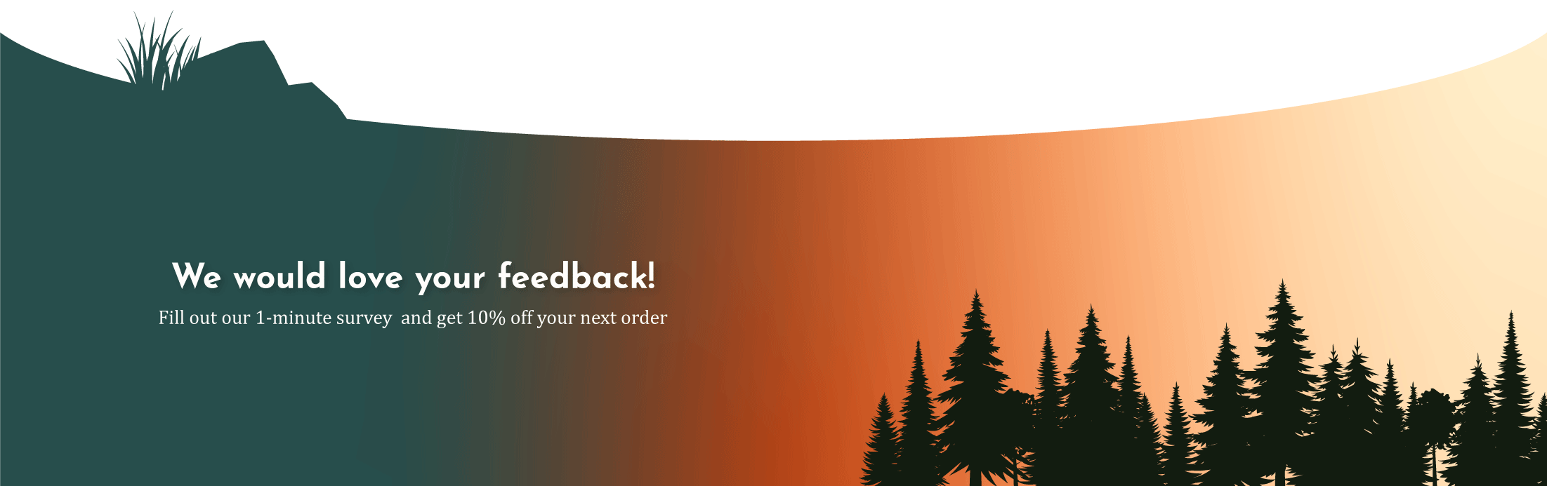 A scenic landscape with a silhouette of pine trees in front of a colorful gradient sky transitioning from teal to orange and cream.