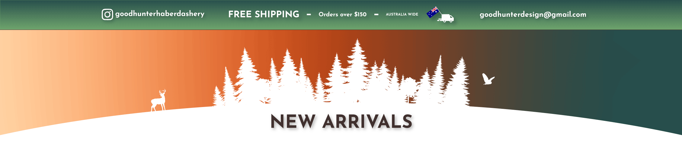 An online store banner for goodhunterhaberdashery featuring a forest scene with pine trees, a deer, and a bird, with promotional text about free shipping on orders over $150 in Australia.