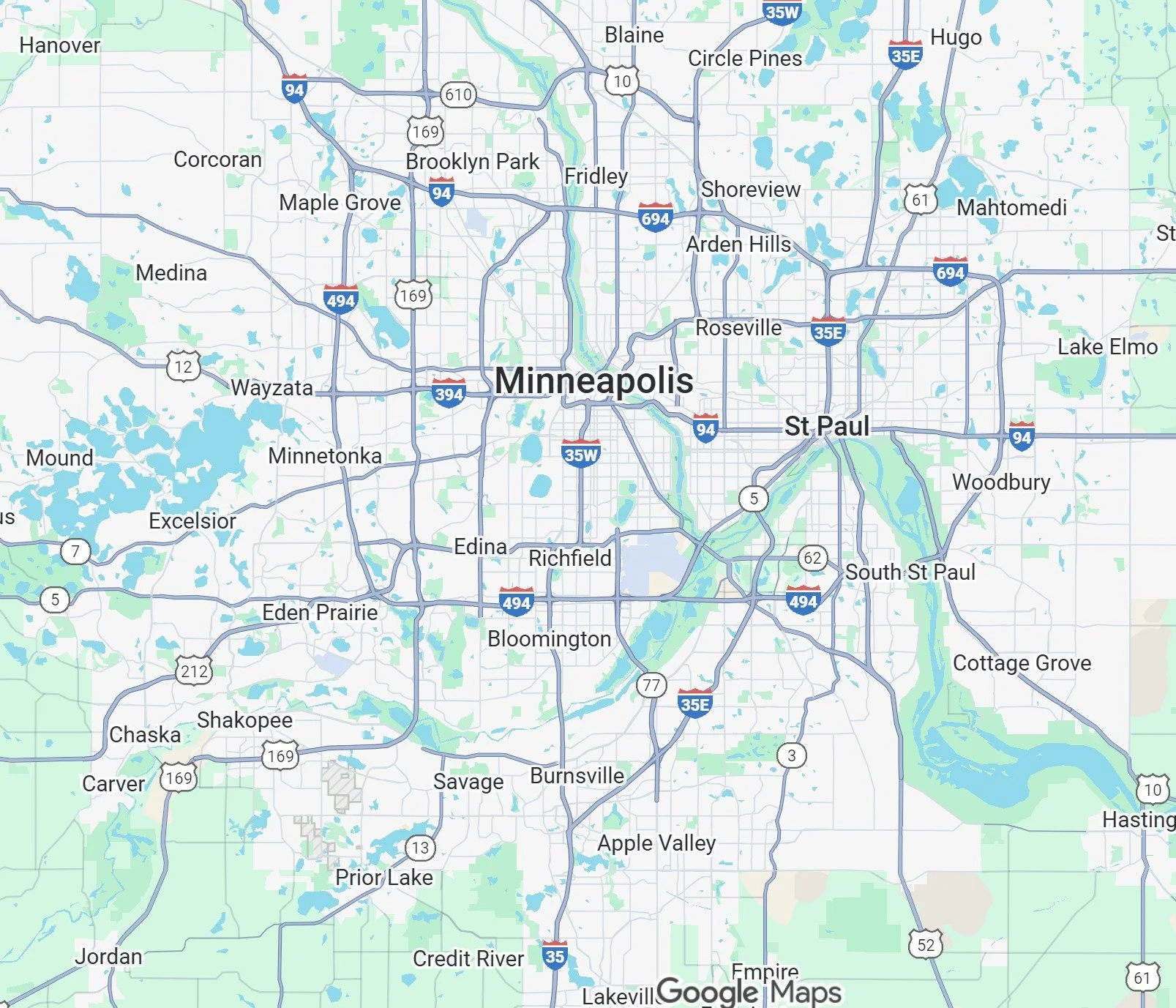 Map of Minneapolis and surrounding areas in Minnesota, showing highways, lakes, and city names.