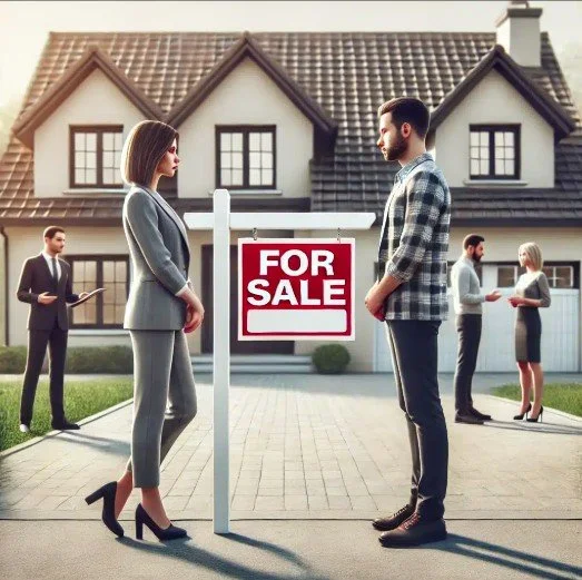 A real estate agent and a potential buyer standing in front of a house for sale sign, with two other people exchanging papers in the background.
