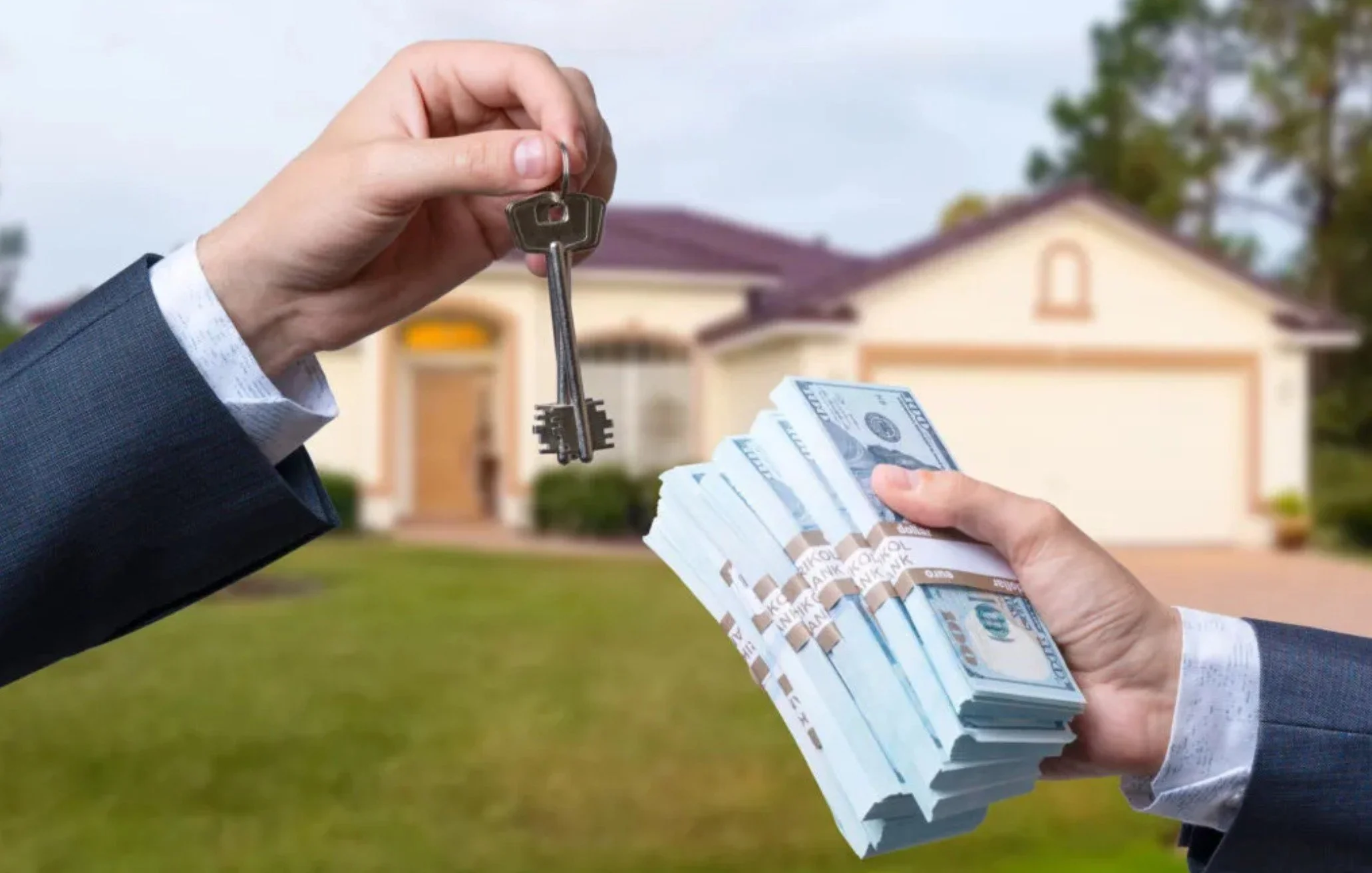 A person in a suit holding a bunch of hundred-dollar bills, handing over a key to another person in a suit in front of a house.