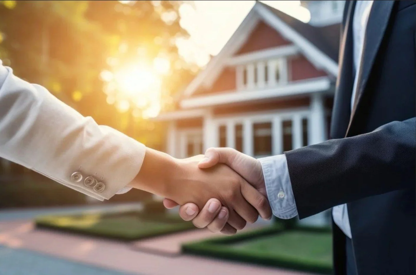 Close-up of a handshake between a person in a beige suit and another in a dark suit in front of a house at sunset.