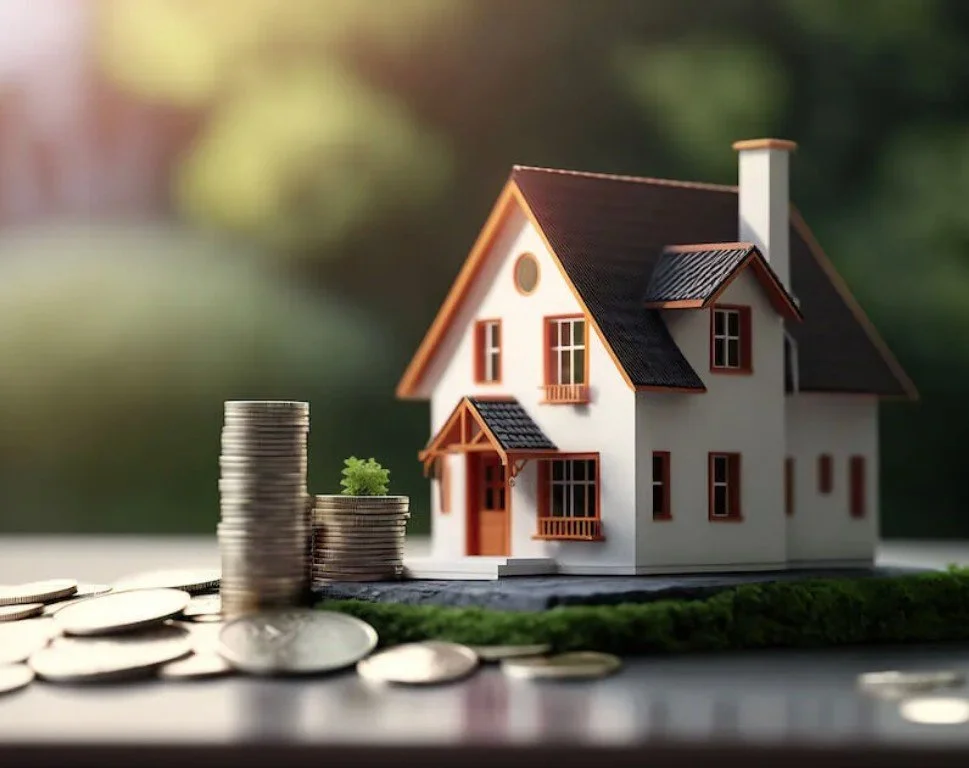 Model house with stacks of coins and small plant in foreground, representing real estate investment or home savings.