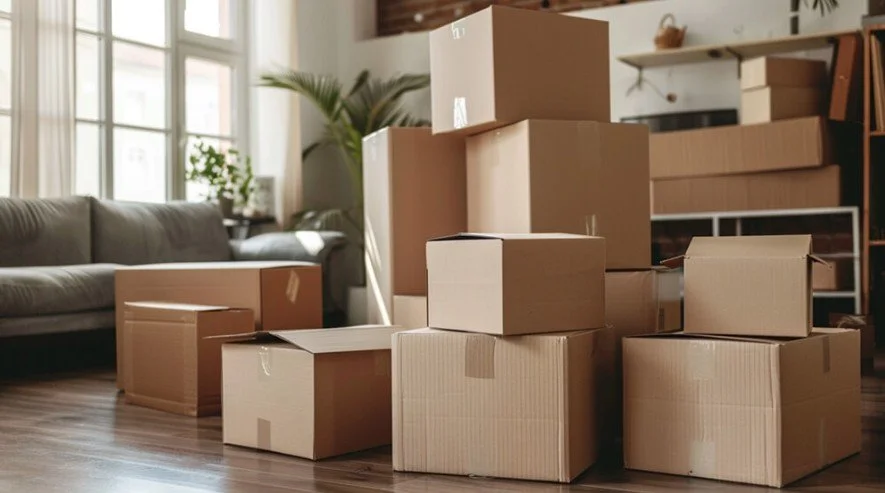 A room filled with brown cardboard moving boxes of various sizes, some stacked on top of each other, in front of a beige sofa and large window with curtains.