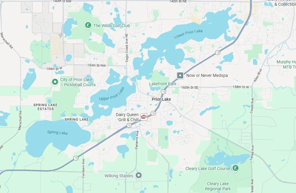 Map of the Priort Lake area showing lakes, parks, golf courses, roads, and local businesses.