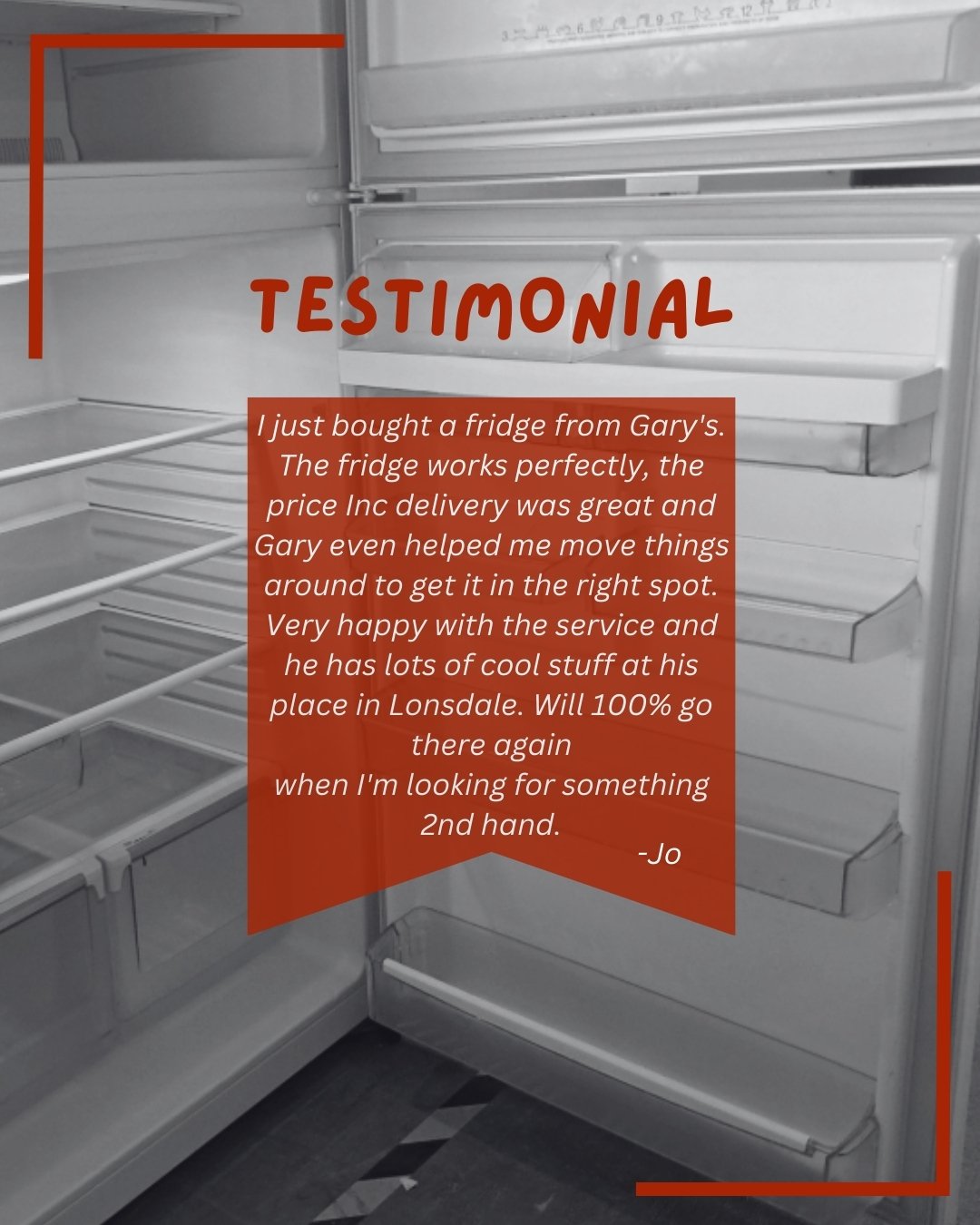 Shoutout to another happy customer &mdash; Jo! 🙌

This fridge found its new home, and Gary went above and beyond your usual &ldquo;delivery&rdquo; service.

We love hearing stories like this: great prices, genuine help, and unique finds &mdash; with