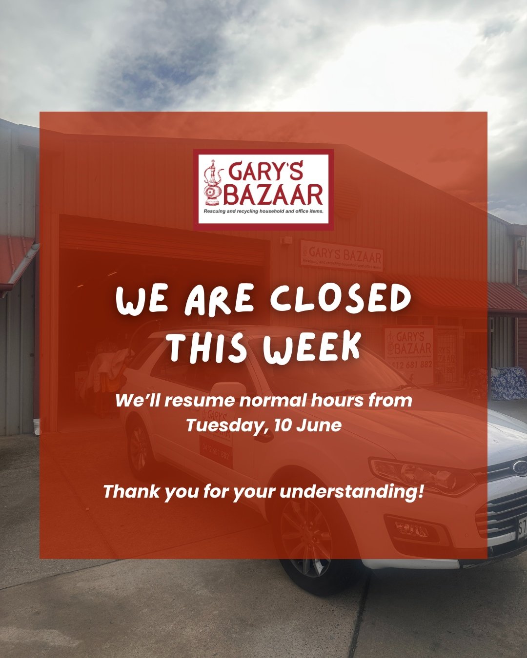 The shop will be closed this week and will reopen on Tuesday, 10 June, after the long weekend. We appreciate your patience while Lesley and I take a rest. In the meantime, you can still shop online at www.garysbazaar.au. Thank you!

#GarysBazaar #Tim