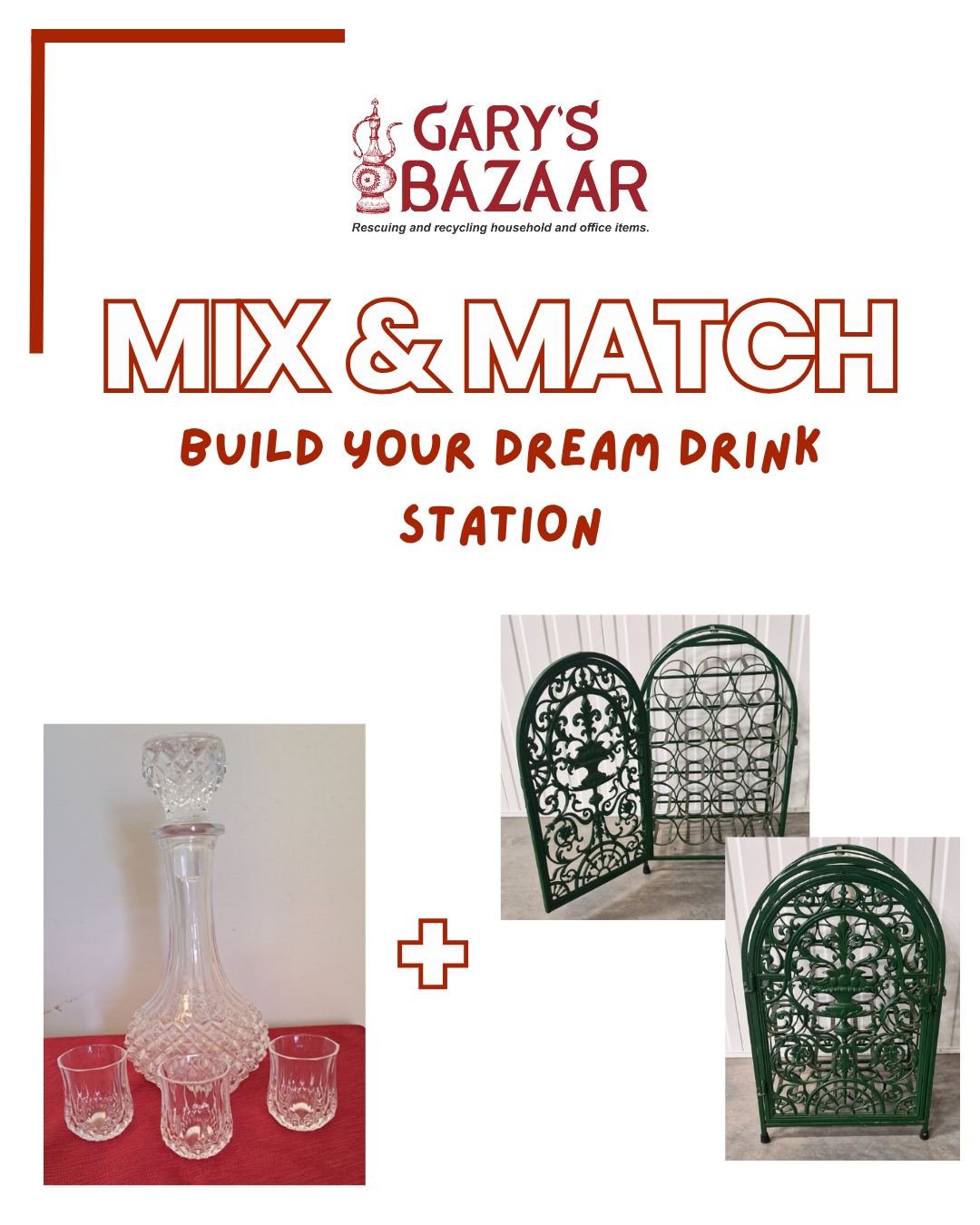 Upgrade Your Beverage Station!

✨ Decanter &amp; 3 Shot Glasses &ndash; just $15
https://www.garysbazaar.au/shop/p/crystal-darques-decanter-with-3-shot-glasses?rq=decanter

✨ Wrought-Iron 19-Bottle Wine Rack with Door (Green) &ndash; only $75
https:/