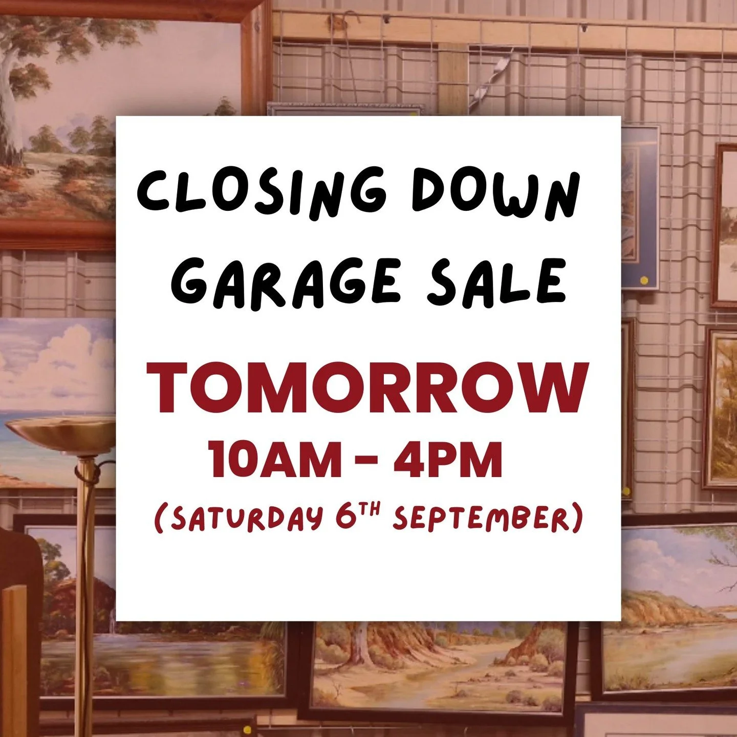 Join us for our huge closing down garage sale tomorrow, September 6th! 

🛍️ From 10AM to 4PM, explore a wide variety of items including vintage furniture, picture frames, and kitchen items, just to name a few.

Visit us in Lonsdale, SA. 🔗 Link in B