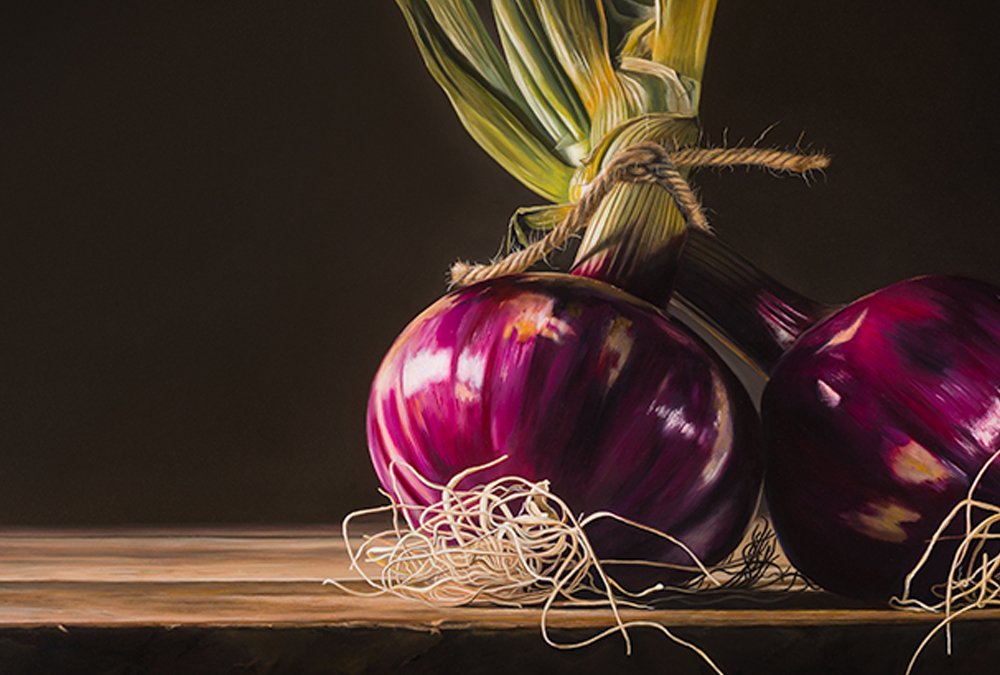 Closeup of Oil painting of two red onions with stems, meticulously detailed, on a wooden surface