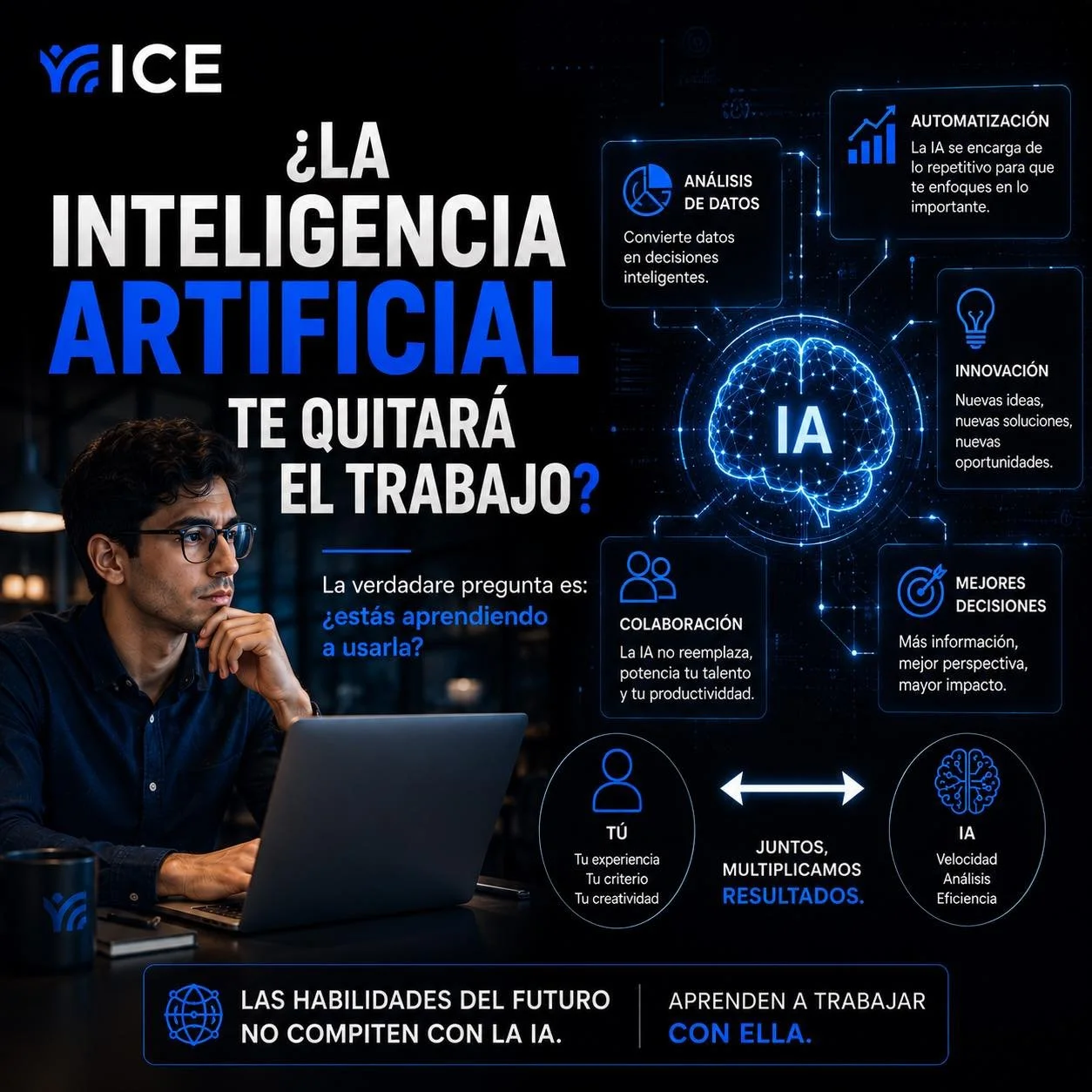 🤖 &iquest;La Inteligencia Artificial te quitar&aacute; el trabajo?

La respuesta no es tan simple.

La IA est&aacute; transformando la forma en que trabajamos, automatizando tareas repetitivas y acelerando procesos. Sin embargo, las habilidades huma