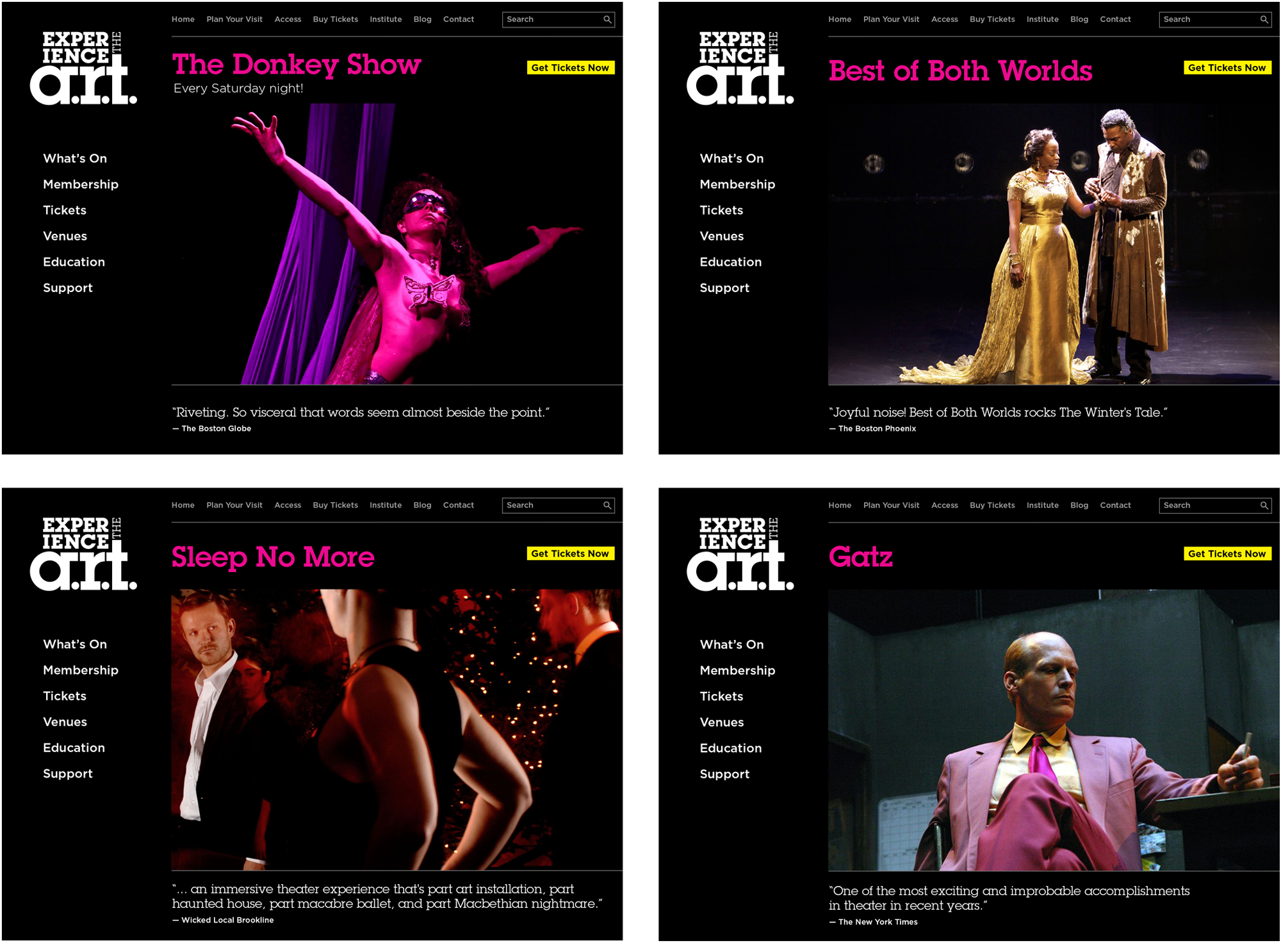 Website homepage includes an image carousel of current shows